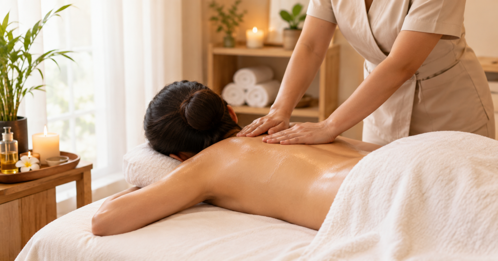 Professional therapist giving a relaxing back massage to a client in a Shanghai massage spa