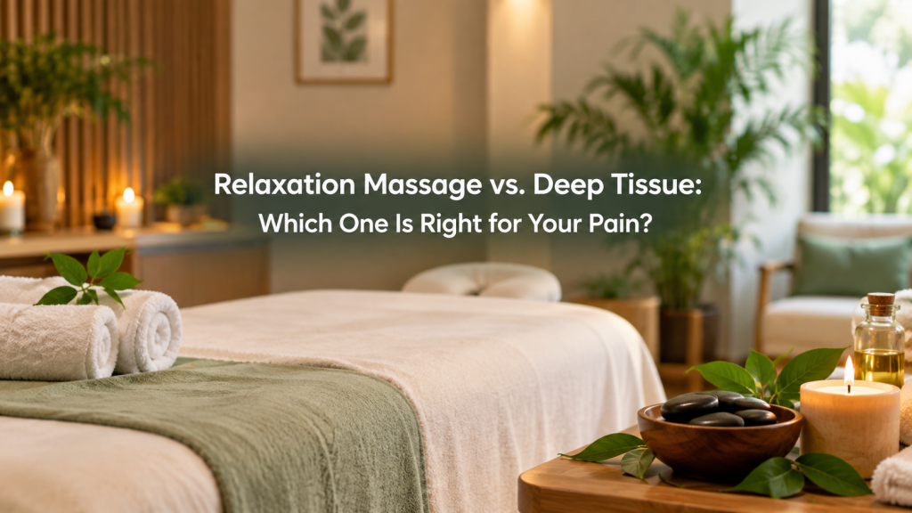 Serene spa treatment room with massage table, folded towels, candles, massage stones, and greenery, featuring text about relaxation massage versus deep tissue massage.