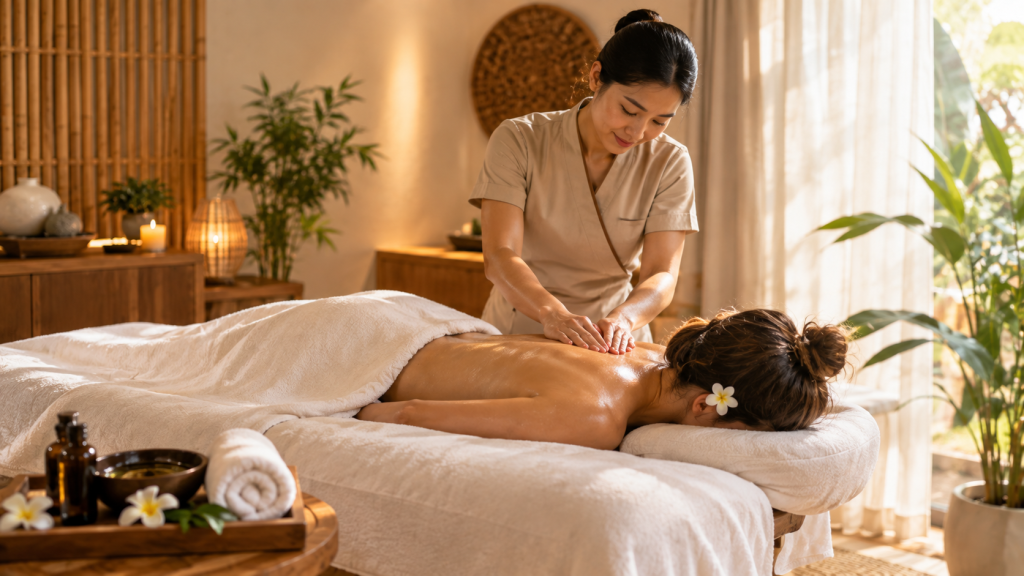 Massage therapist performing a relaxing back massage on a client in a calm spa setting