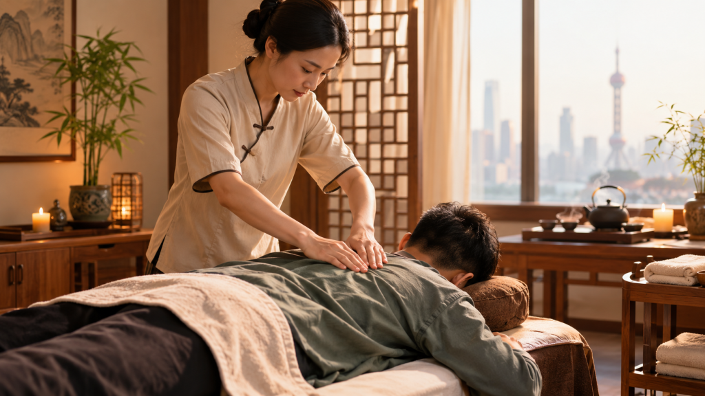Therapist performing a therapeutic Tuina massage on a fully clothed client in a warmly lit Shanghai massage room with traditional Chinese decor.