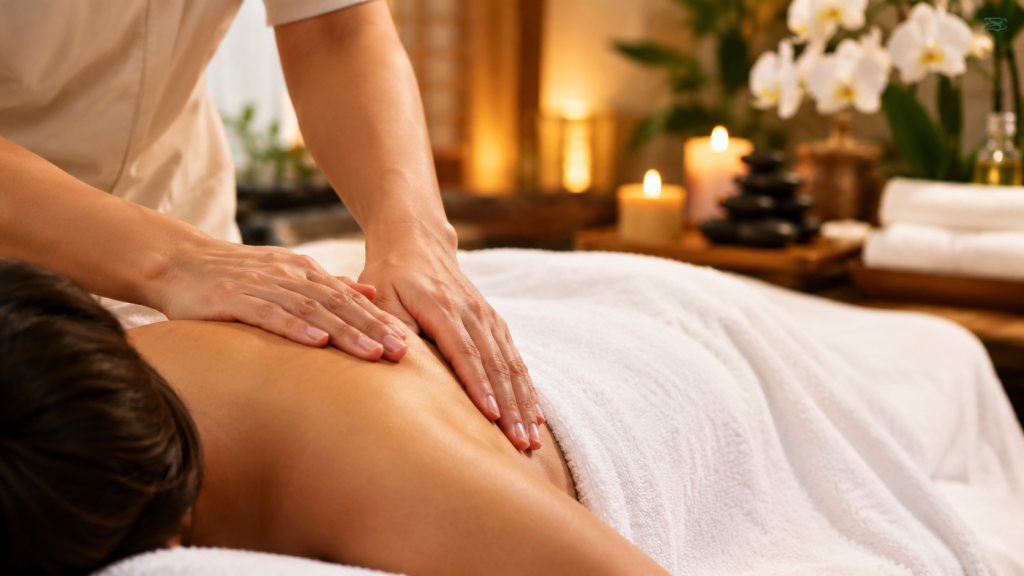 Therapist gently massaging a client's shoulder in a warm, candlelit spa with orchids and stones in the background.