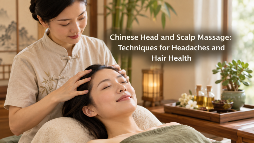 Chinese therapist giving a relaxing head and scalp massage to a calm client in a peaceful spa room
