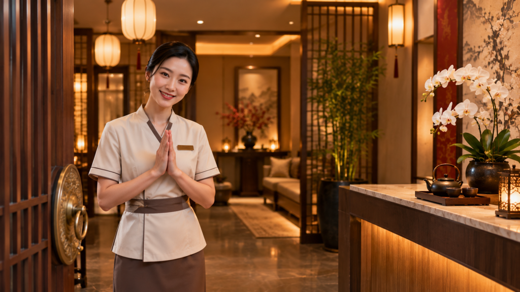 Professional female therapist welcoming guests at a luxury Shanghai massage spa with warm lighting, traditional Chinese decor, orchids, and a tea set.